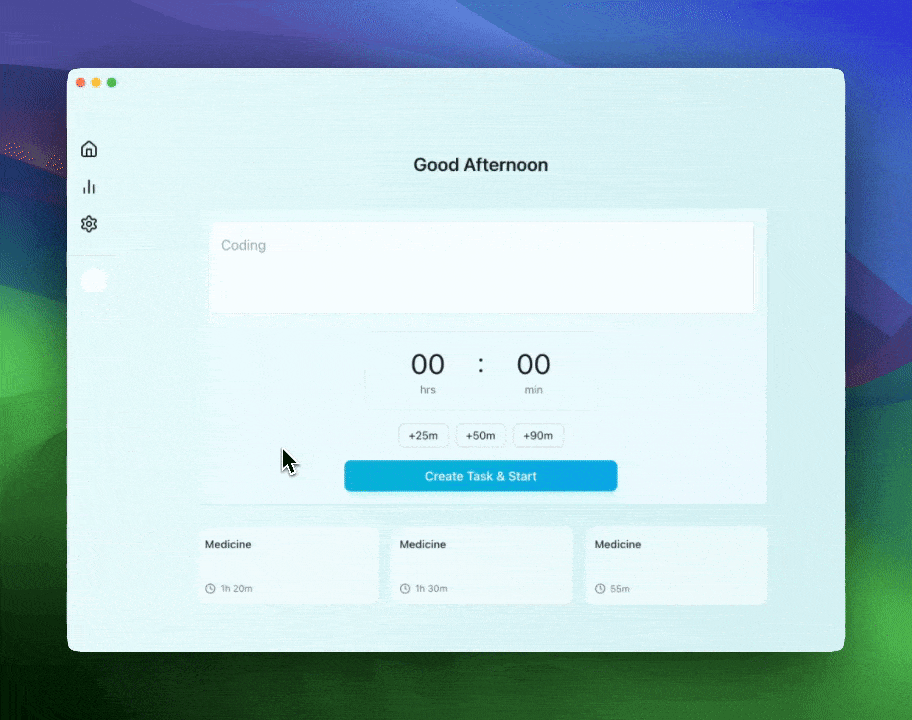 Demonstration of Telosis's simple task input interface - showing how users can quickly enter their task and duration in seconds